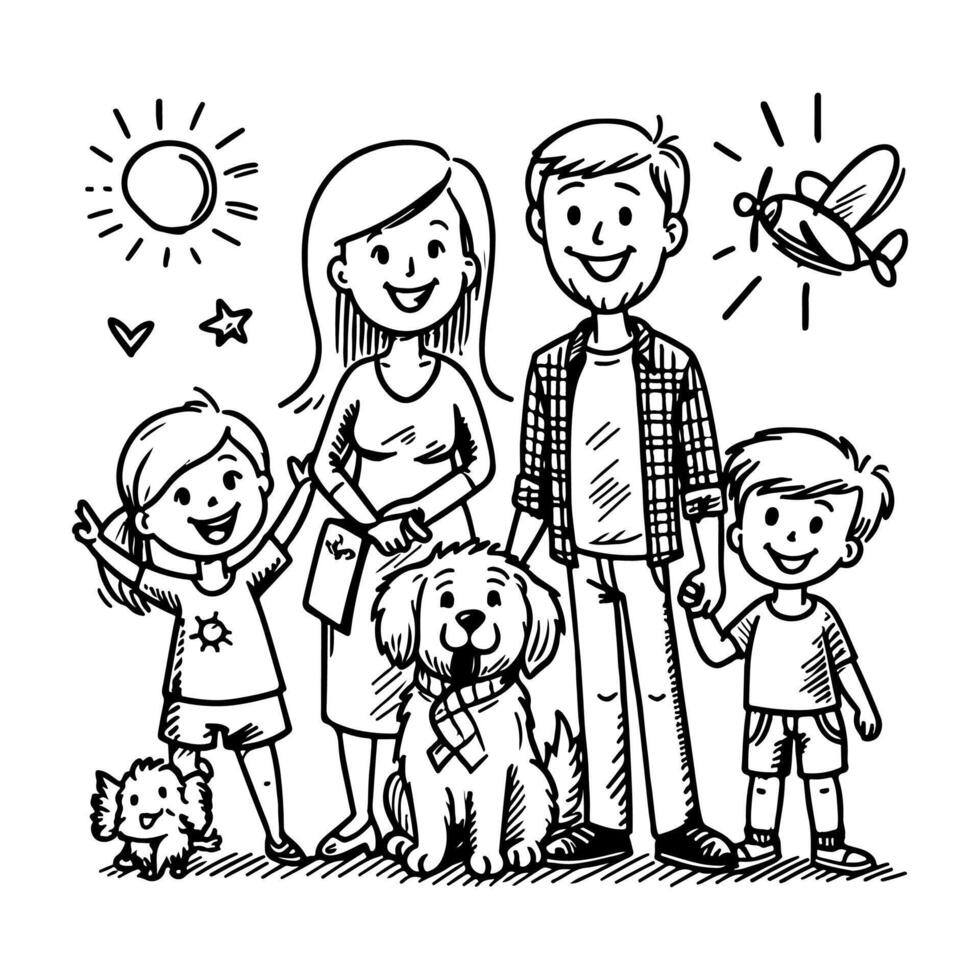 ai gegenereerd tekening gelukkig familie met hond tekenfilm karakter tekening vector illustratie Aan wit achtergrond