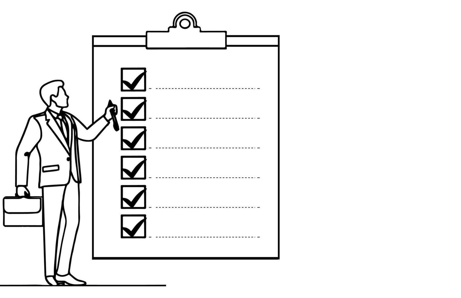 ai gegenereerd een doorlopend lijn hand- tekening zakenman prestatie checklist met recensie controle Mark Aan controleren doos naar goedgekeurd documenten vector illustratie