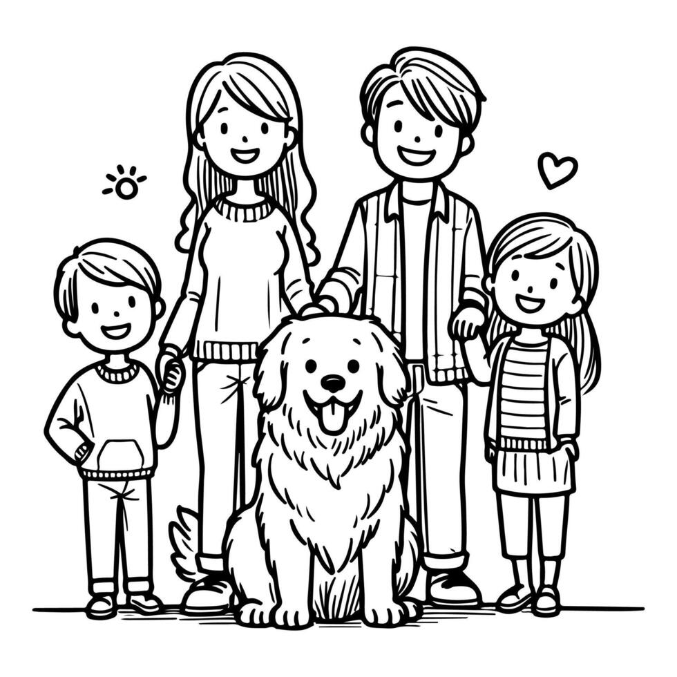 ai gegenereerd tekening gelukkig familie met hond tekenfilm karakter tekening vector illustratie Aan wit achtergrond