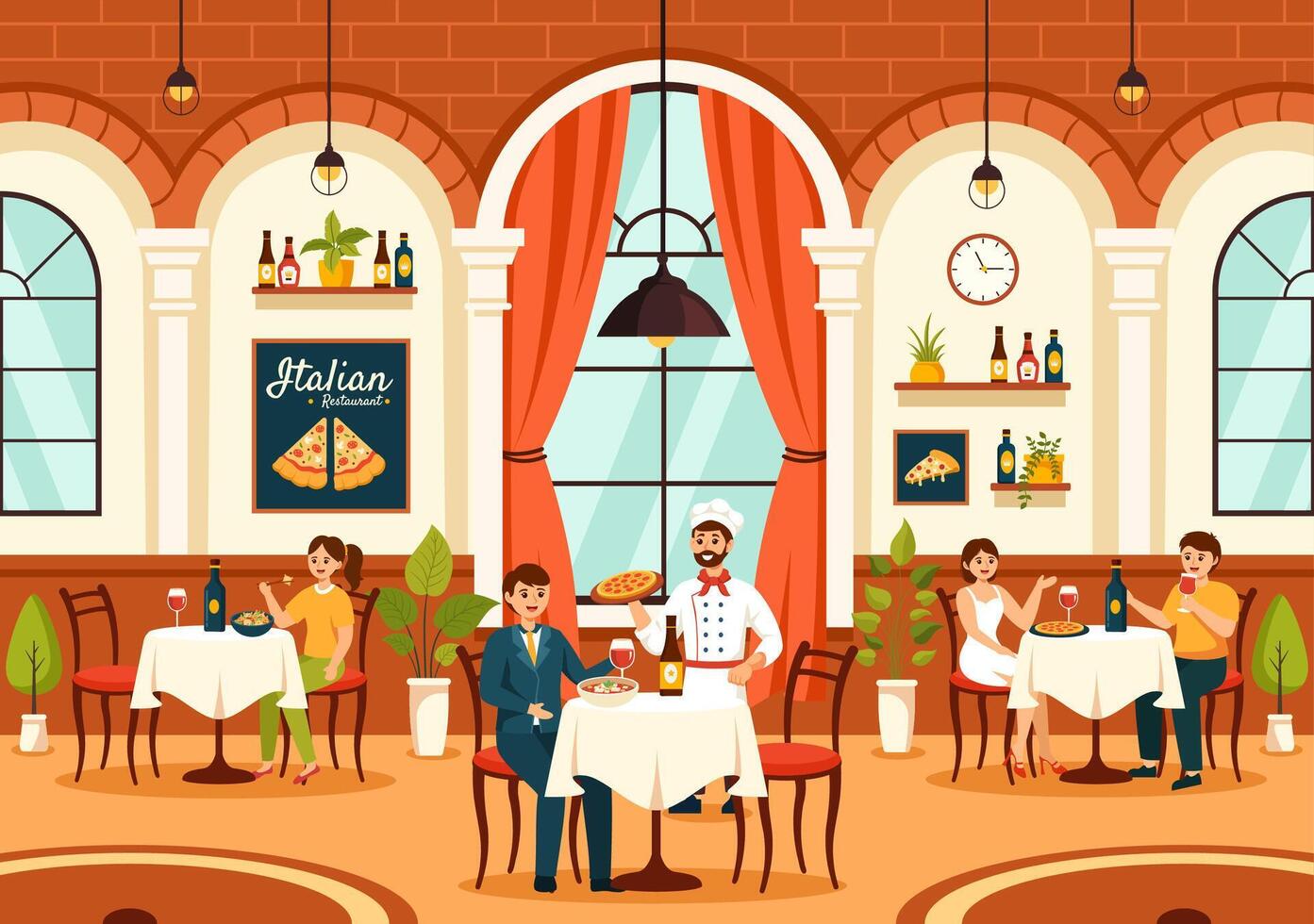 Italiaans voedsel restaurant of cafetaria vector illustratie met traditioneel Italië gerechten pizza of pasta in vlak tekenfilm achtergrond ontwerp