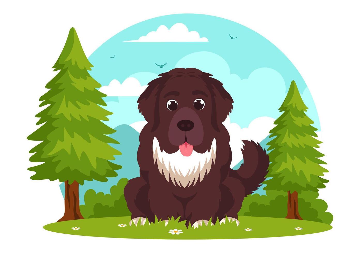 Newfoundland hond dieren vector illustratie met zwart, bruin of landseer kleur in vlak stijl schattig tekenfilm natuur achtergrond ontwerp