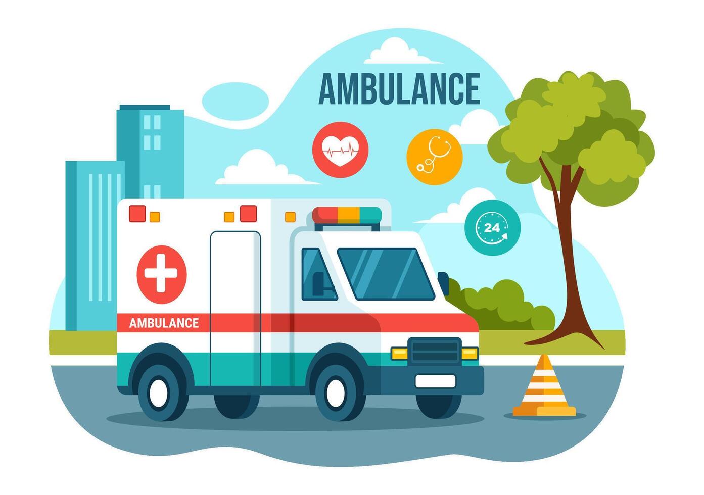 medisch voertuig ambulance auto of noodgeval onderhoud vector illustratie voor plukken omhoog geduldig de gewond in een ongeluk in vlak tekenfilm achtergrond