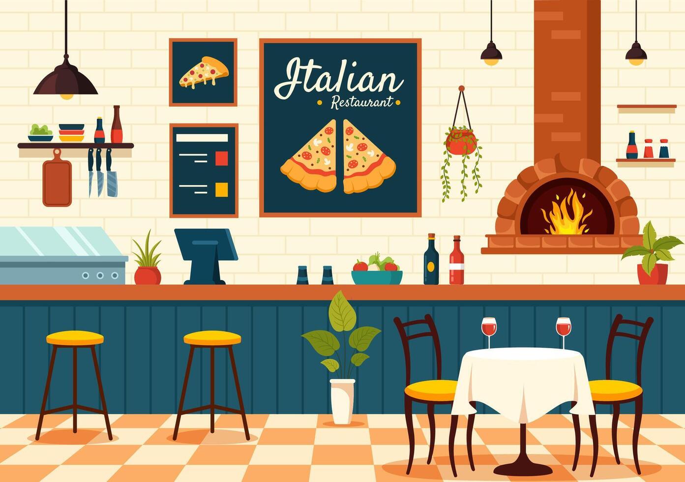 Italiaans voedsel restaurant of cafetaria vector illustratie met traditioneel Italië gerechten pizza of pasta in vlak tekenfilm achtergrond ontwerp