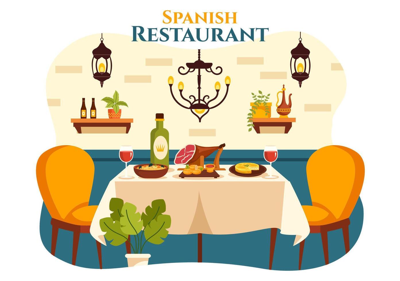 Spaans restaurant vector illustratie met divers van voedsel menu traditioneel schotel typisch recept en keuken in vlak tekenfilm achtergrond ontwerp