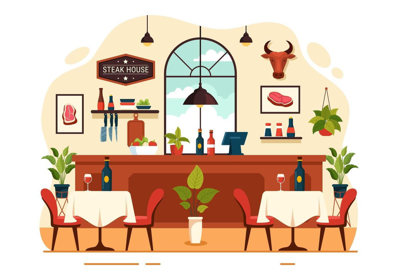 Steak-restaurant vector illustratie met restaurant dat biedt gegrild vlees met sappig heerlijk steak, salade en tomaten voor barbecue in achtergrond
