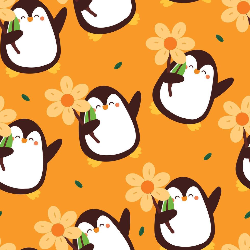 naadloos patroon tekenfilm pinguïn met bloemen. schattig dier behang illustratie voor geschenk inpakken papier vector