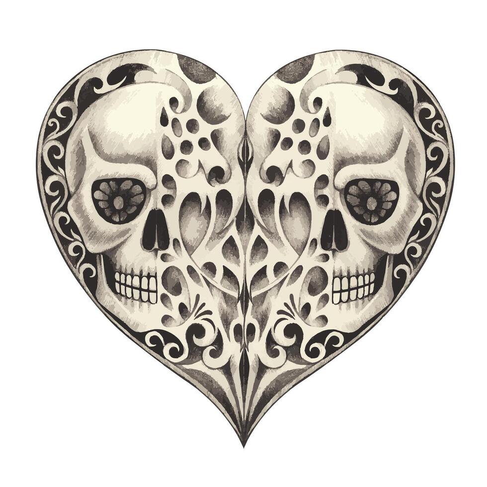 schedel hart tatoeëren ontwerp door hand- tekening Aan papier vector