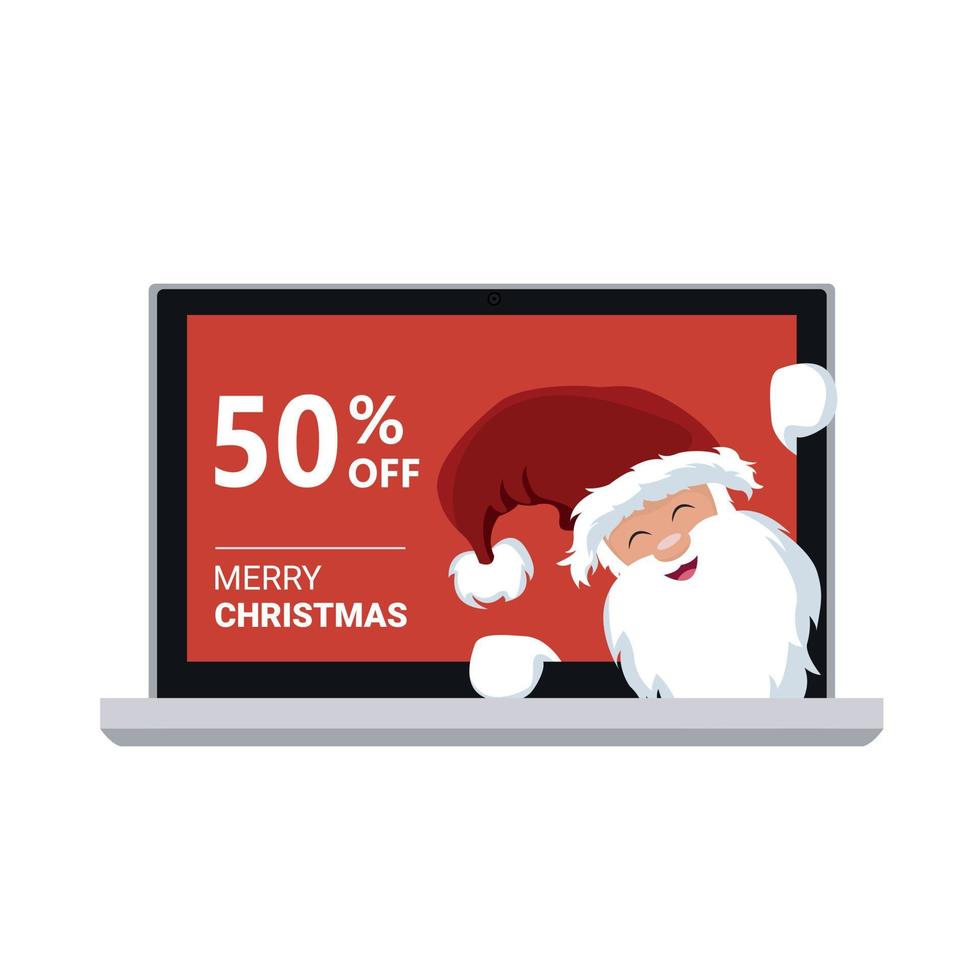 de kerstman in een promotionele laptop en korting voor Kerstmis vector