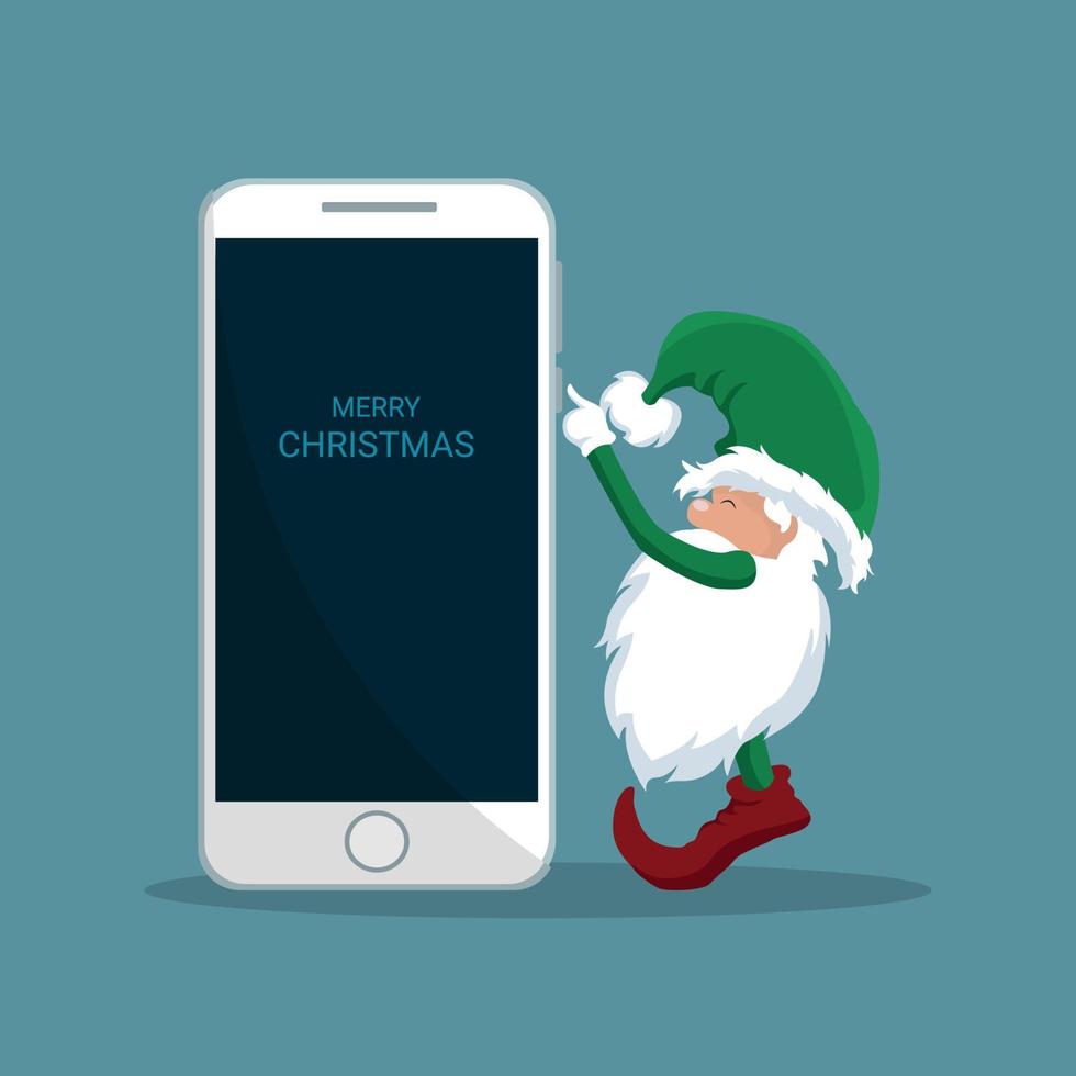 elf van de kerstman die op een mobiele telefoon drukt vector