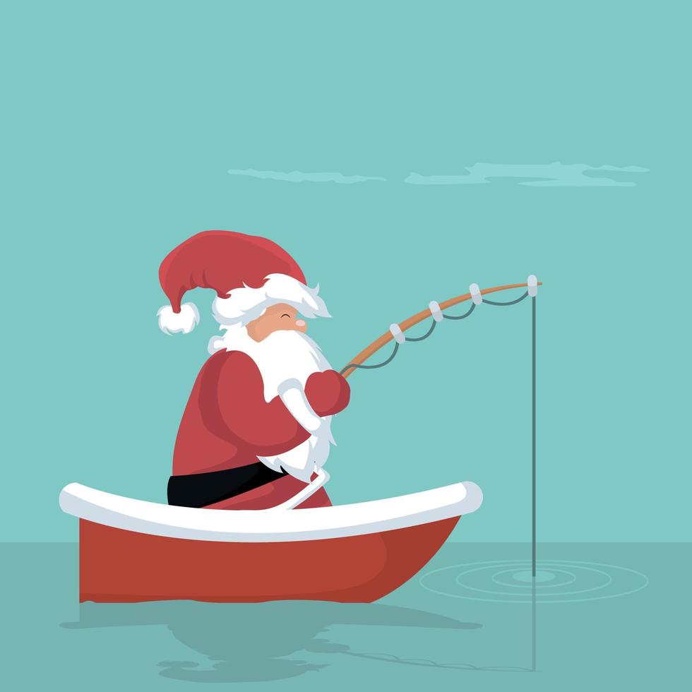 kerstkaart van de kerstman die in zijn boot vist vector