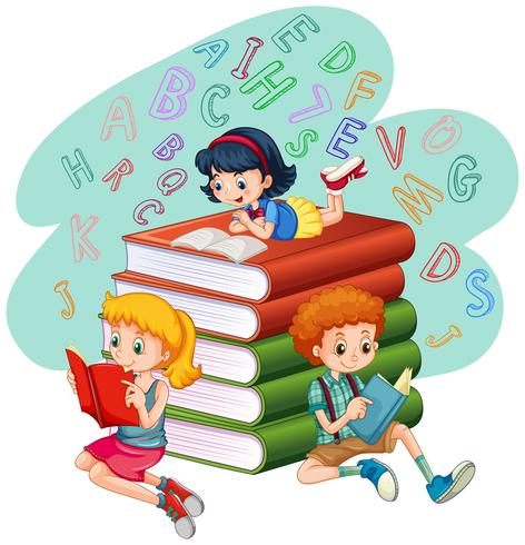 Drie kinderen die boeken lezen vector