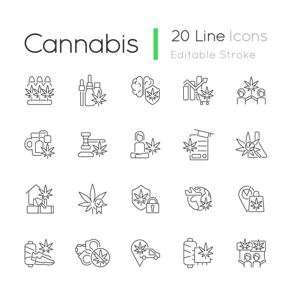 cannabis in het dagelijkse leven lineaire pictogrammen instellen. marihuana kweek. hennep wereldwijd legaliseren. aanpasbare dunne lijncontoursymbolen. geïsoleerde vectoroverzichtsillustraties. bewerkbare streek vector