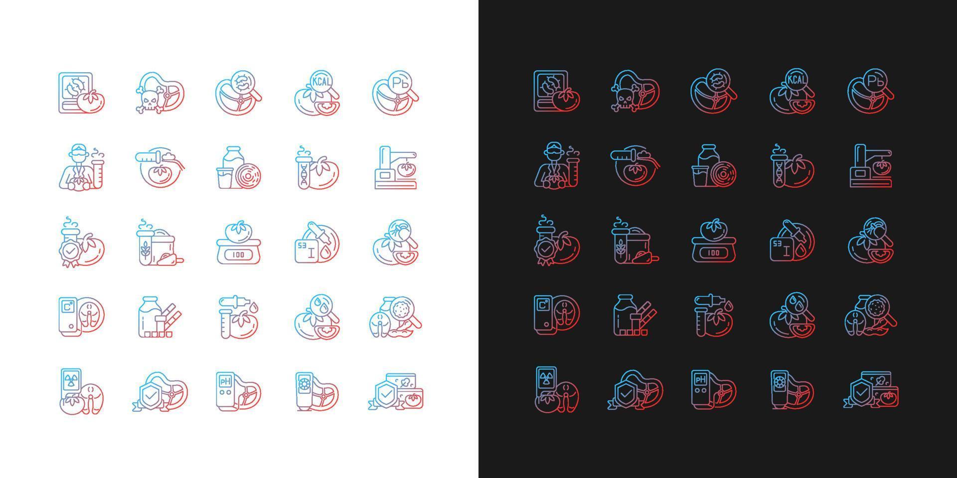 voedseltestverlooppictogrammen ingesteld voor donkere en lichte modus. verschillende testmethoden. analyse van voedingsmiddelen. dunne lijn contour symbolen bundel. geïsoleerde vector overzicht illustraties collectie op zwart-wit