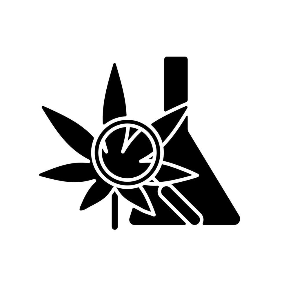 medicinaal cannabisonderzoek zwart glyph-pictogram. evaluatie van plantaardige geneeskunde. medicinale marihuanaapotheek. onderzoek naar de effecten van kruidengeneesmiddelen. silhouet symbool op witte ruimte. vector geïsoleerde illustratie