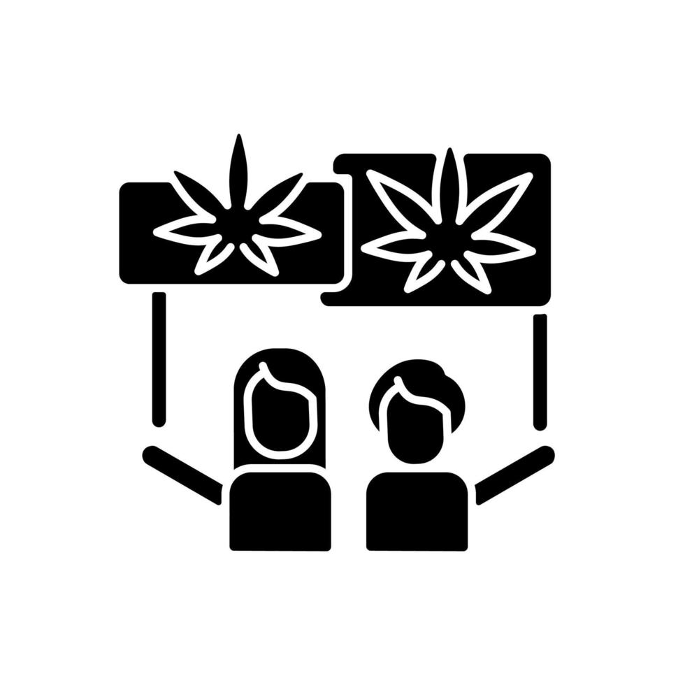 marihuana legalisatie protest zwarte glyph icoon. beweging voor cannabisrechten. marihuana-activisten. liberalisering van de drugs. bewustmakingscampagne. silhouet symbool op witte ruimte. vector geïsoleerde illustratie