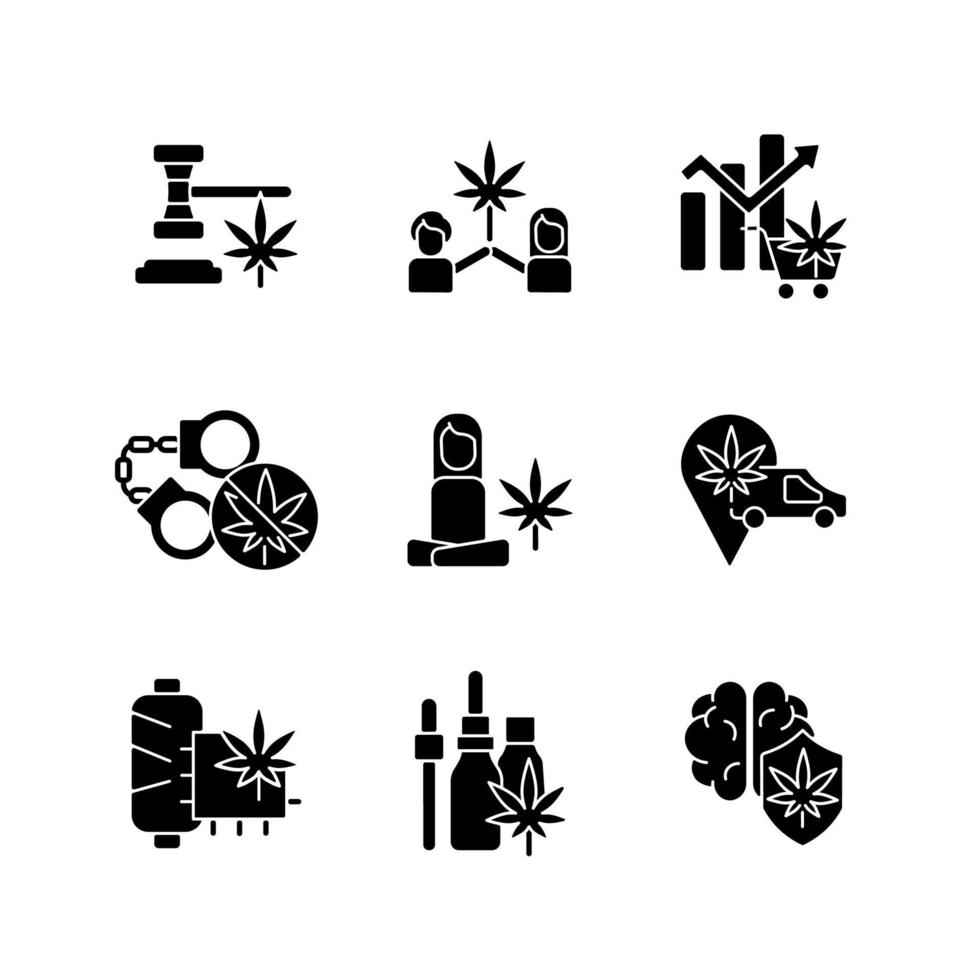 marihuana plant gebruik zwarte glyph pictogrammen ingesteld op witruimte. cannabiswetten. kruidenmedicijn. hennep stof. geestelijke gezondheidsvoordelen. wereldwijde juridische markt. silhouet symbolen. vector geïsoleerde illustratie