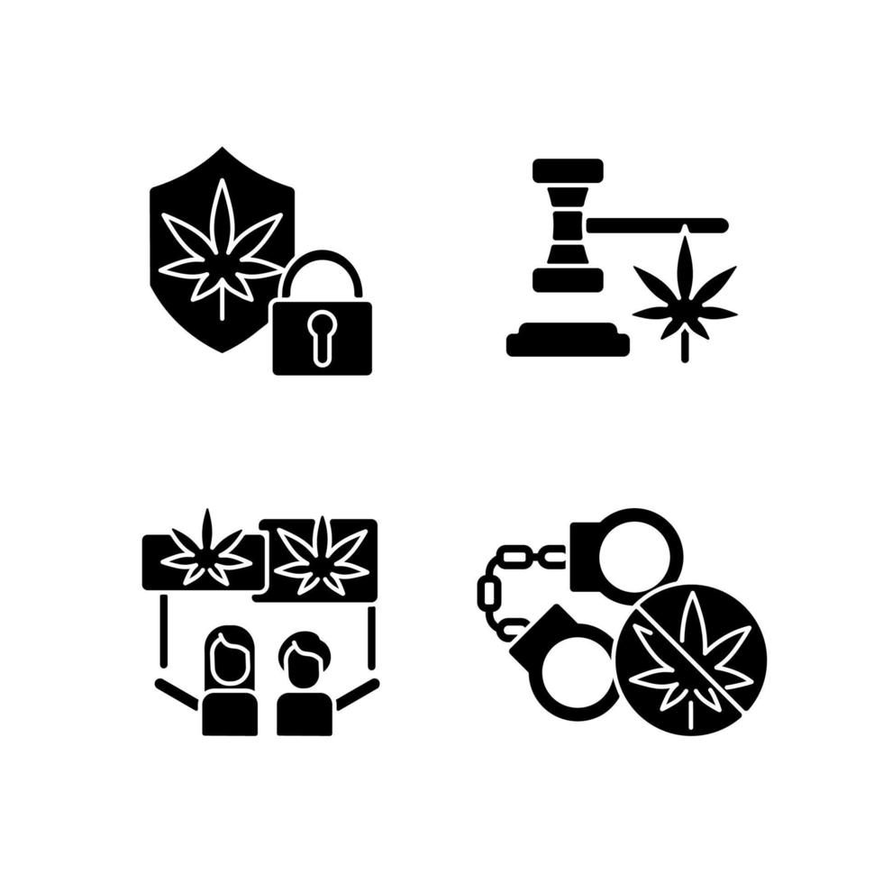 wettigheid van cannabis zwarte glyph-pictogrammen ingesteld op witruimte. bescherming van marihuana-apotheken. legaal drugsgebruik. legalisatie protest. overtreding van de wet. silhouet symbolen. vector geïsoleerde illustratie