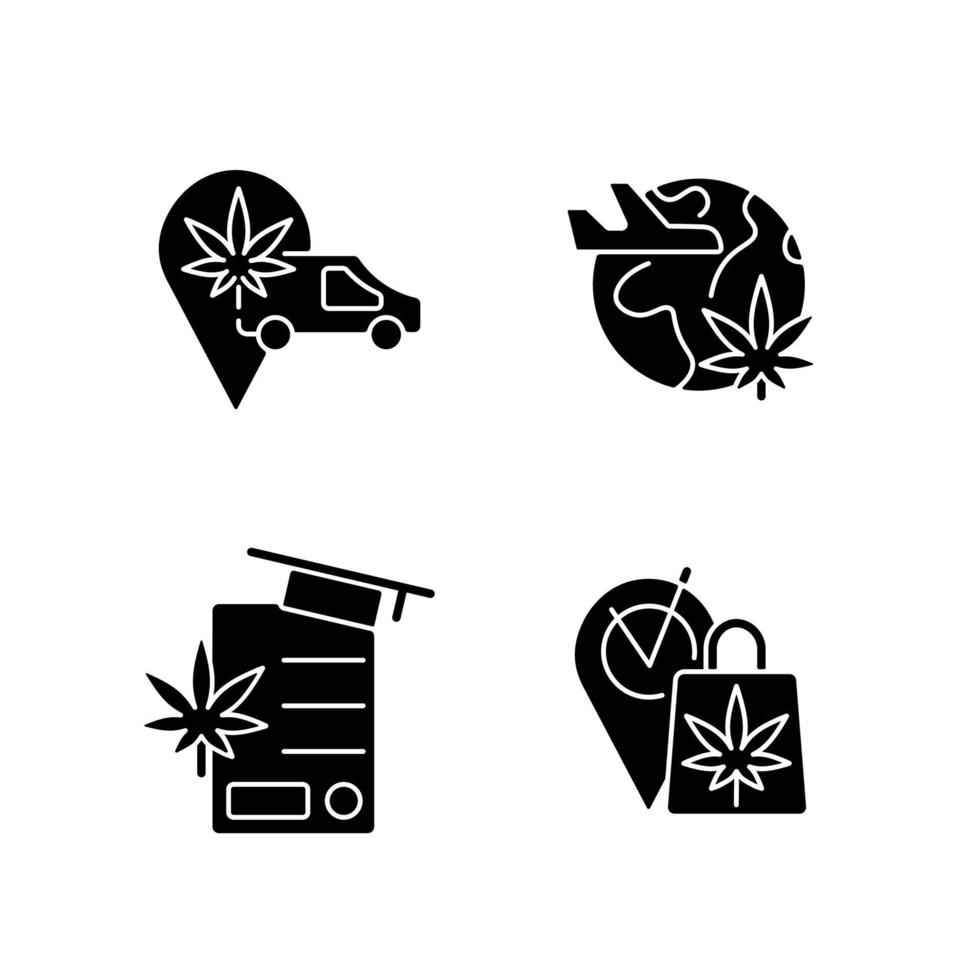 wereldwijde cannabisindustrie zwarte glyph-pictogrammen op witruimte. marihuana transport. reisindustrie. farmaceutische wetenschap. cannabis winkel. silhouet symbolen. vector geïsoleerde illustratie