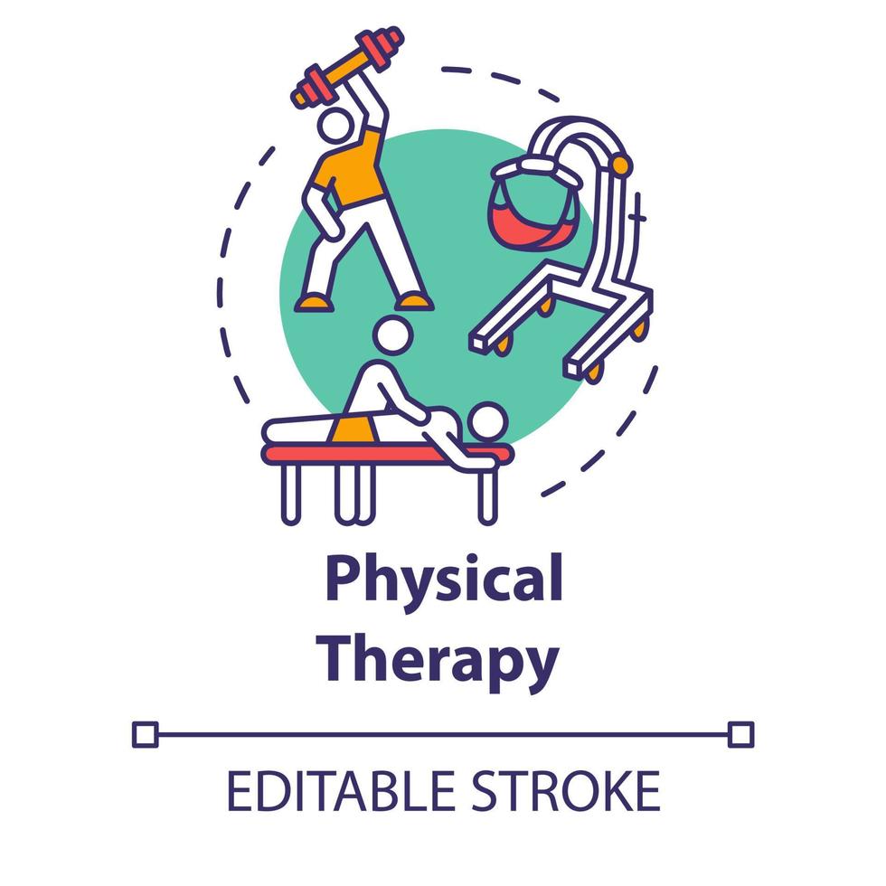 fysiotherapie concept icoon. trainen in de sportschool. massage, chiropractie. revalidatie procedures. fysiotherapie idee dunne lijn illustratie. vector geïsoleerde omtrek rgb kleur tekening. bewerkbare streek