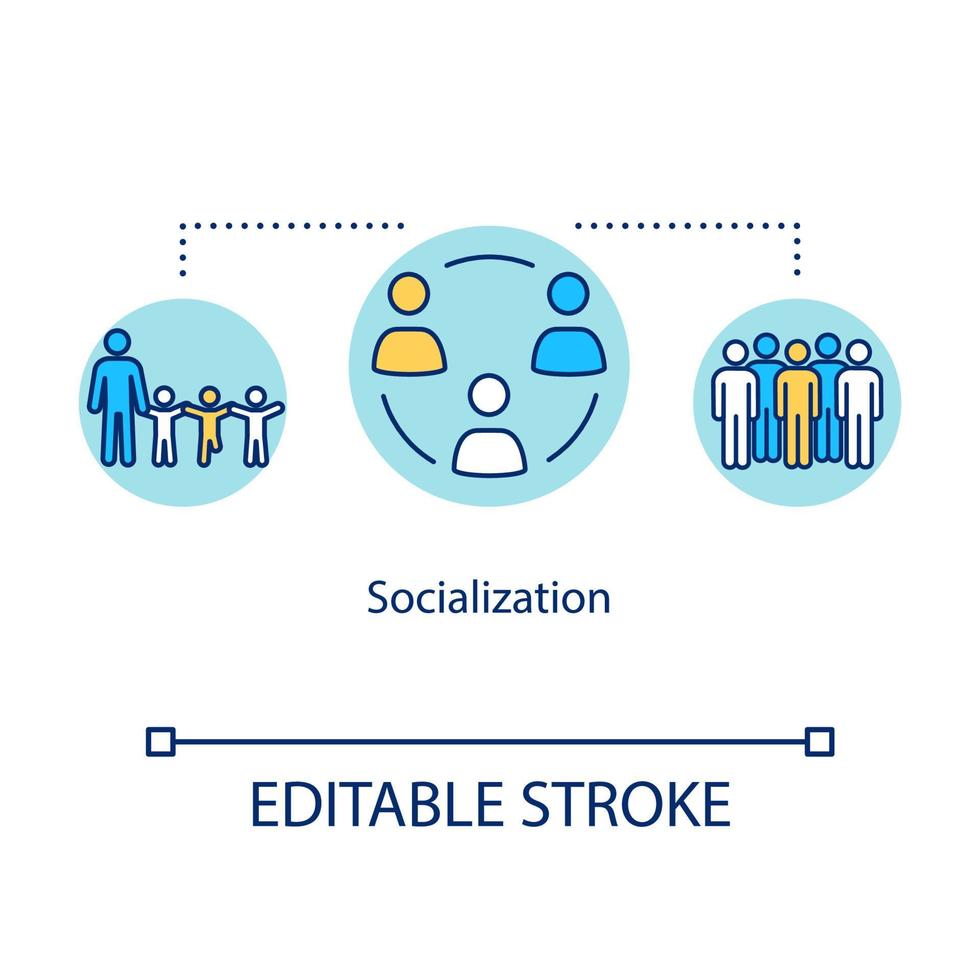 socialisatie concept icoon. diversiteit in de schoolgroep. inclusief onderwijs. volwassen aanpassing. communicatie idee dunne lijn illustratie. vector geïsoleerde omtrek rgb kleur tekening. bewerkbare streek