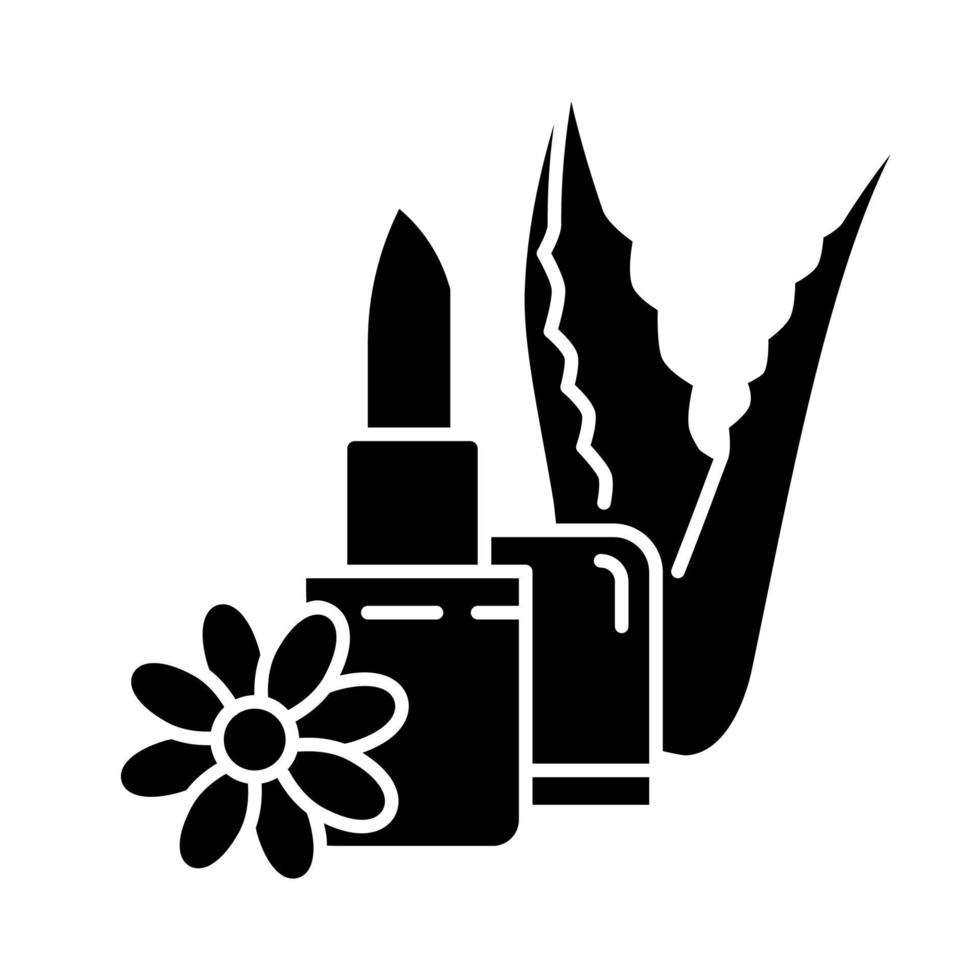 veganistisch lipverzorging zwart glyph-pictogram. biologische lippenbalsem. natuurlijke lippenstift met aloë vera. cosmetica met kruiden en bloemen. plantaardig product. silhouet symbool op witte ruimte. vector geïsoleerde illustratie