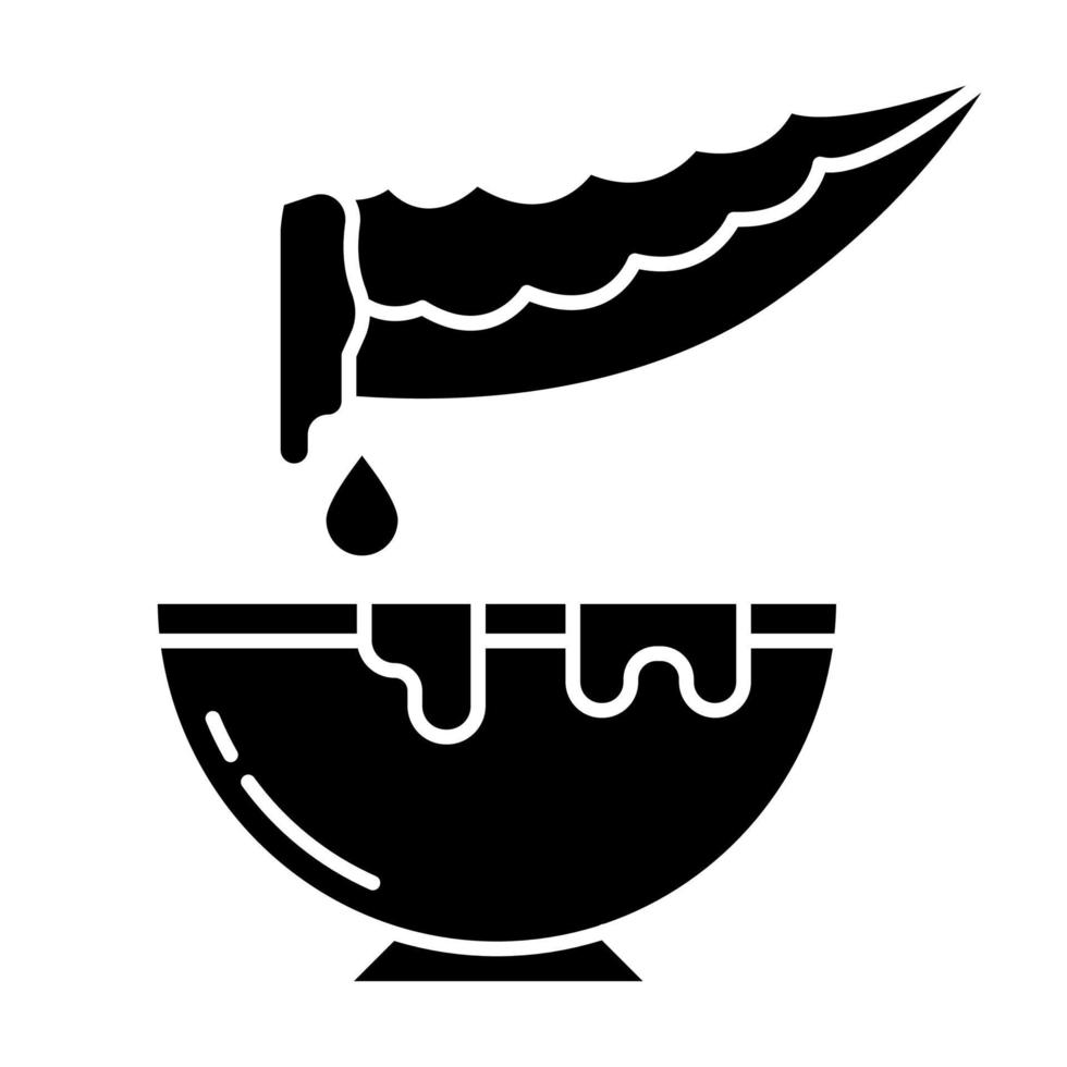 plantenextract zwart glyph-pictogram. snij geneeskrachtige kruidendoorn met kom. gesneden aloë vera blad met pot. dermatologie en gezonde huidverzorging. silhouet symbool op witte ruimte. vector geïsoleerde illustratie