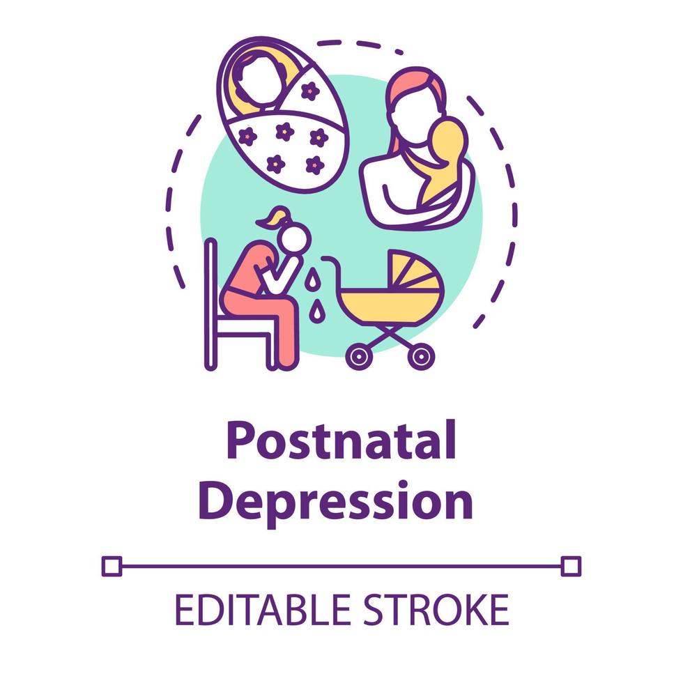 postnatale depressie concept icoon. postnatale depressie. ppd. gestresste jonge moeder. stemmingsstoornis idee dunne lijn illustratie. vector geïsoleerde omtrek rgb kleur tekening. bewerkbare streek