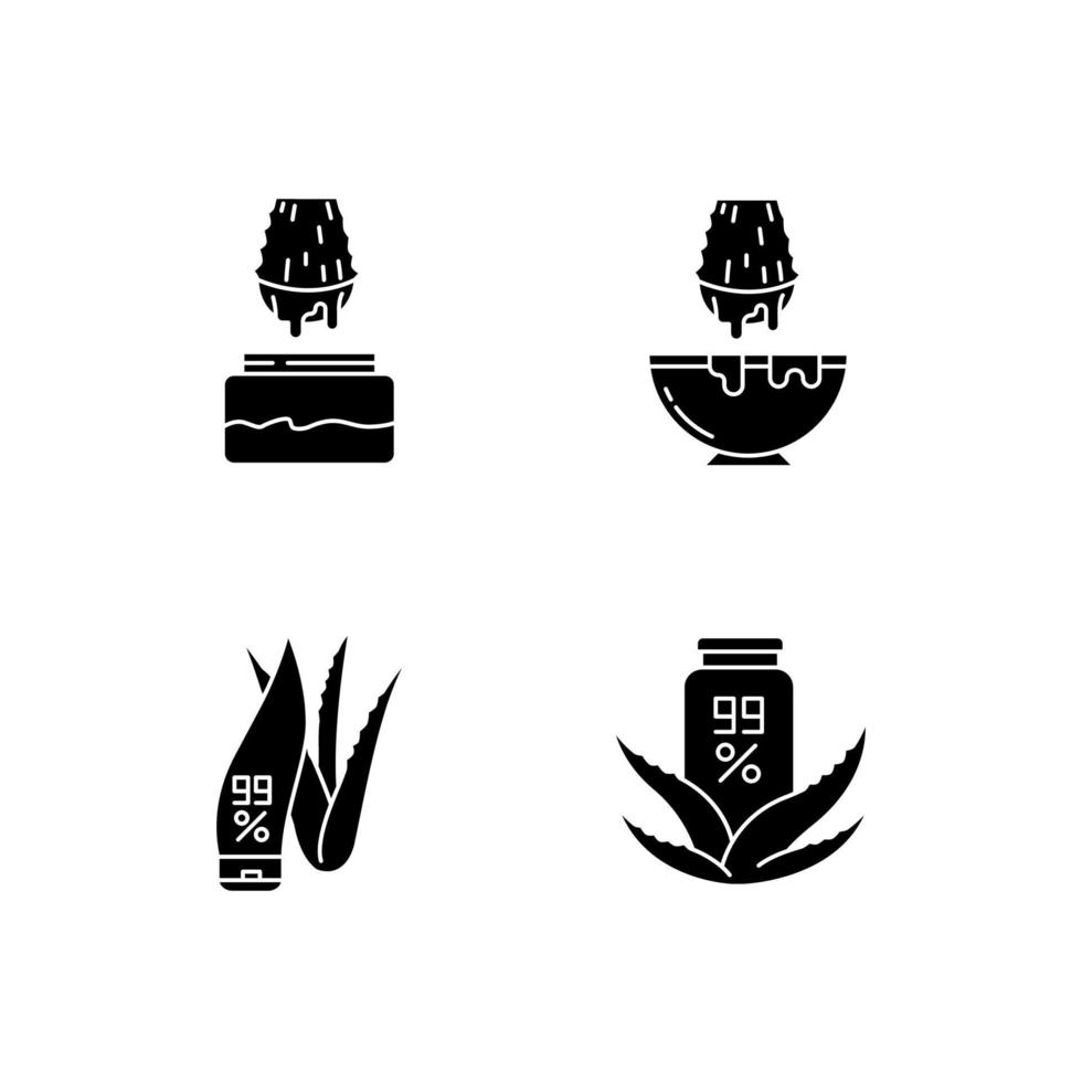 aloë vera zwarte glyph pictogrammen instellen op witruimte. sap van gesneden sappig blad. vloeistof van gesneden cactusdoorn. pure plantaardige cosmetische producten. silhouet symbolen. vector geïsoleerde illustratie