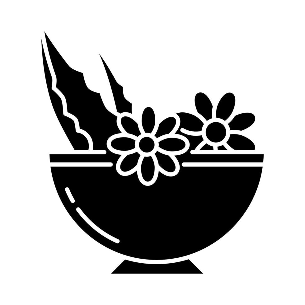 bladeren in kom zwart glyph-pictogram. geneeskrachtige kruiden en bloemen in mortel. botanische ingrediënten voor biologische cosmetica. natuurlijke huidverzorging. silhouet symbool op witte ruimte. vector geïsoleerde illustratie