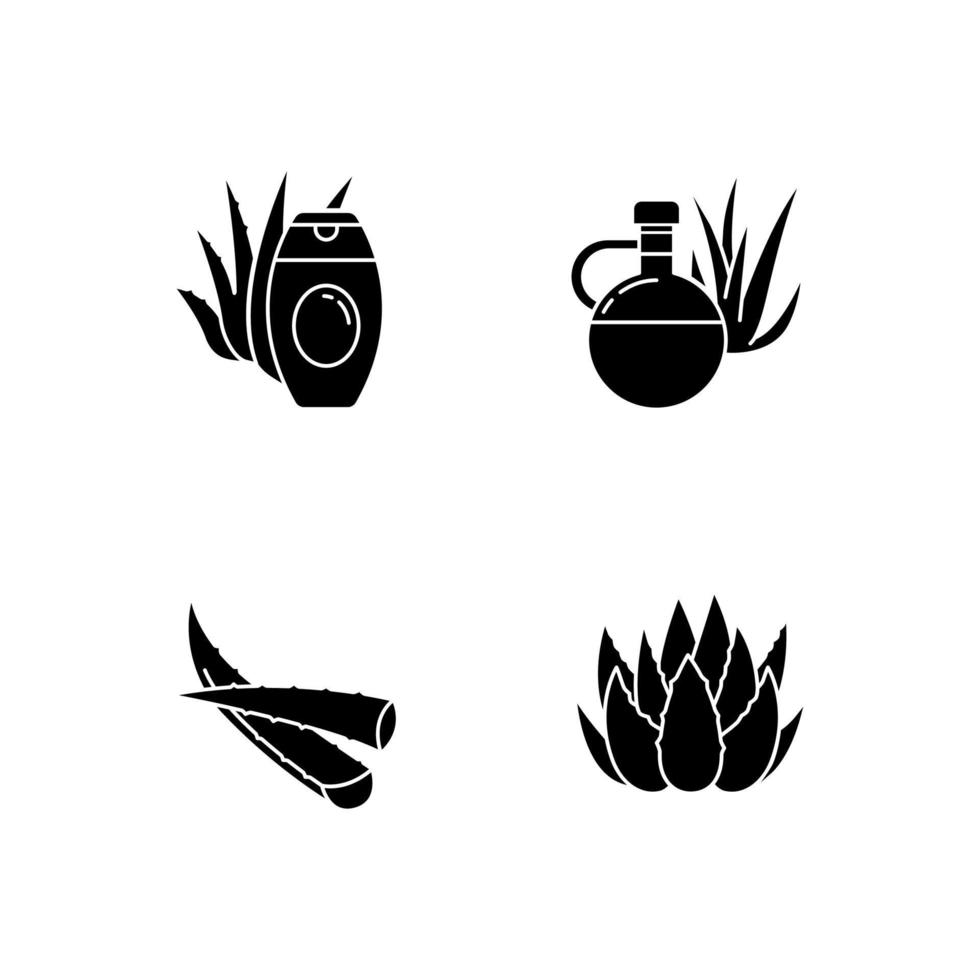 aloë vera zwarte glyph pictogrammen instellen op witruimte. botanische spruiten. geneeskrachtig kruid. cactus en sappig blad. cosmetische crème. gezonde huidverzorging. silhouet symbolen. vector geïsoleerde illustratie