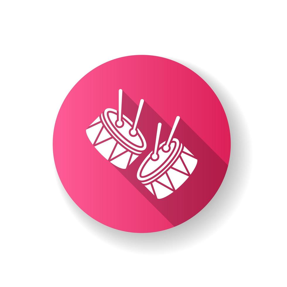 drums met drumsticks roze platte ontwerp lange schaduw glyph pictogram. muziekinstrument. Braziliaans carnaval. samba. feestelijke optocht. muzikale beweging. nationale feestdag. silhouet rgb kleurenillustratie vector