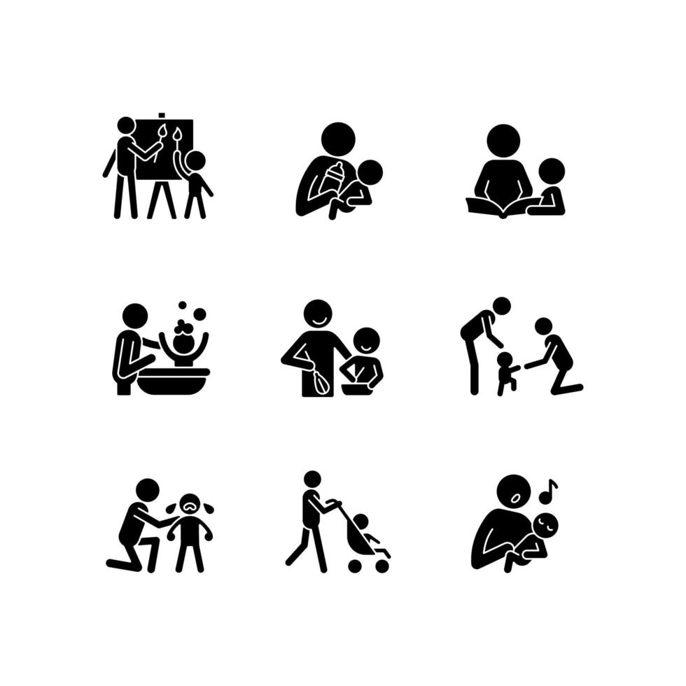 verantwoordelijk ouderschap zwarte glyph pictogrammen instellen op witruimte. kunst therapie. flesvoeding. leesboek. badend kind. kookles. empathie tonen. silhouet symbolen. vector geïsoleerde illustratie