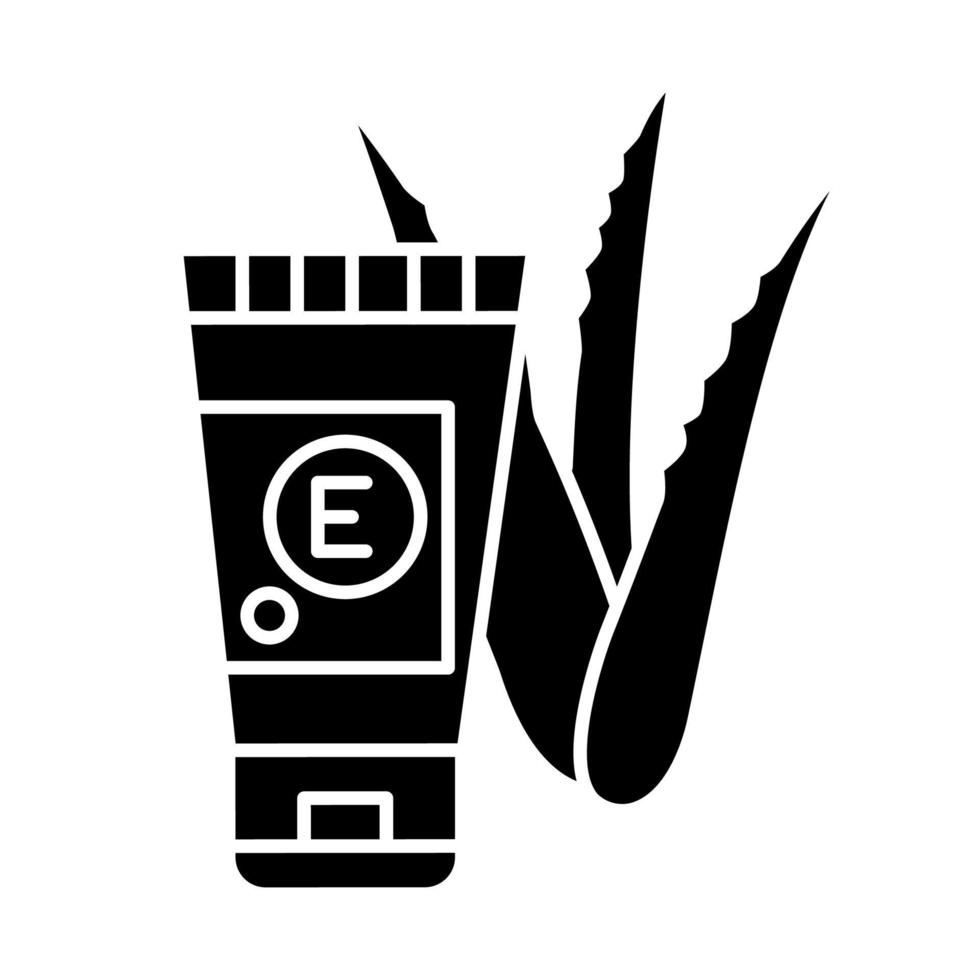 handcrème met vitamine zwart glyph-pictogram. biologische lotion in buis. cosmetisch met extract van geneeskrachtige planten. aloë vera bladeren en spruiten. silhouet symbool op witte ruimte. vector geïsoleerde illustratie