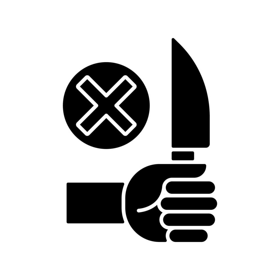 geen scherpe objecten zwart glyph handmatig labelpictogram. Hanteer geen messen en gevaarlijke voorwerpen. silhouet symbool op witte ruimte. vector geïsoleerde illustratie voor instructies voor productgebruik