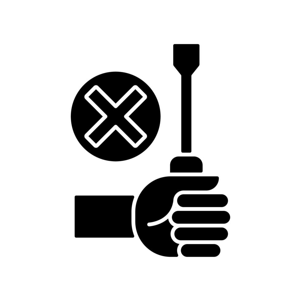 repareer jezelf niet zwart glyph handmatig labelpictogram. probeer het apparaat niet zelf te repareren. silhouet symbool op witte ruimte. vector geïsoleerde illustratie voor instructies voor productgebruik