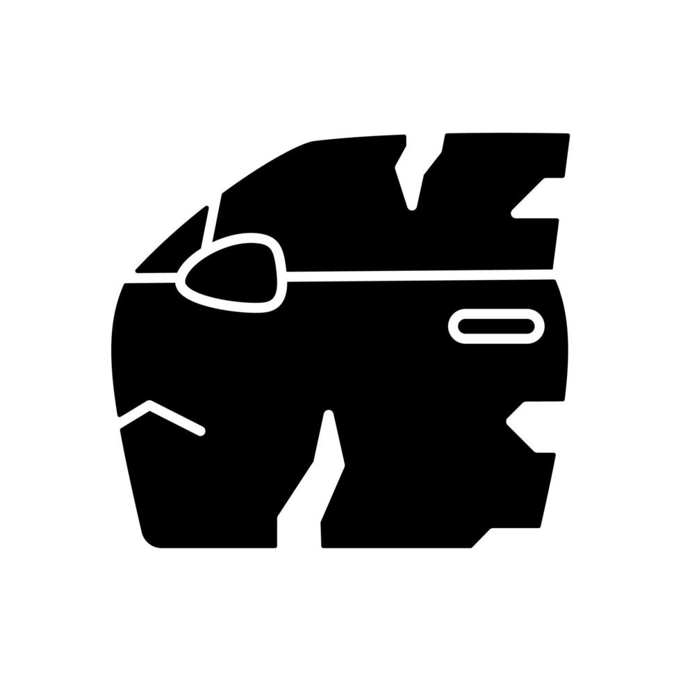 gebroken autodeur zwart glyph-pictogram. Verkeersongeval. deurpaneel deuken. beschadigde carrosseriezijde. diepe krassen in de buitenkant van het voertuig. silhouet symbool op witte ruimte. vector geïsoleerde illustratie