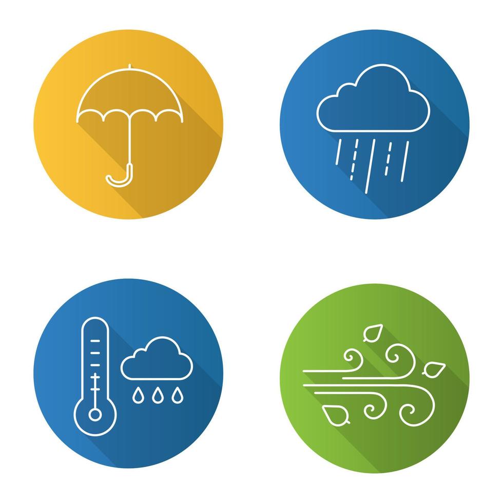 herfstweer plat lineaire lange schaduw iconen set. regenachtige wolk met thermometer, paraplu, wind waait. vector overzicht illustratie