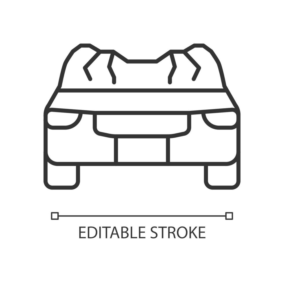 auto dak schade lineaire pictogram. ongeval met kantelen. automatisch instorten. apparatuurstoring. auto ongeluk. dunne lijn aanpasbare illustratie. contour symbool. vector geïsoleerde overzichtstekening. bewerkbare streek