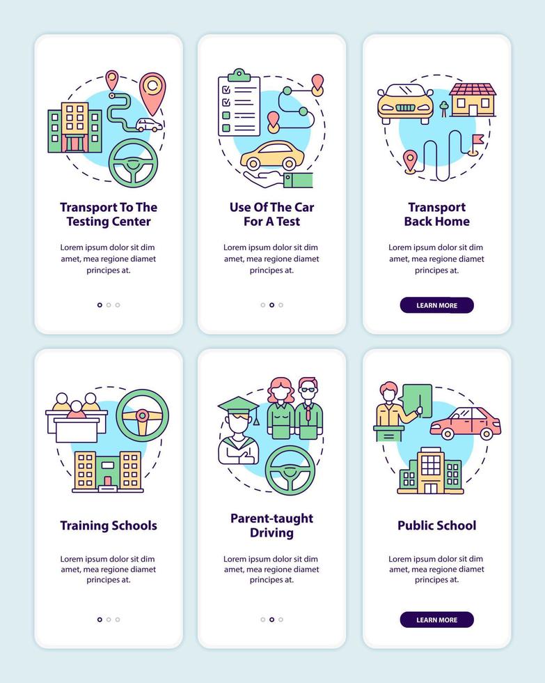 chauffeursopleiding biedt onboarding-paginaschermset voor mobiele apps. cursus voor tieners walkthrough 3 stappen grafische instructies met concepten. ui, ux, gui vectorsjabloon met lineaire kleurenillustraties vector