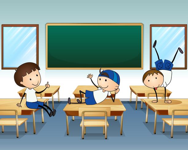 Drie jongens spelen in het klaslokaal vector