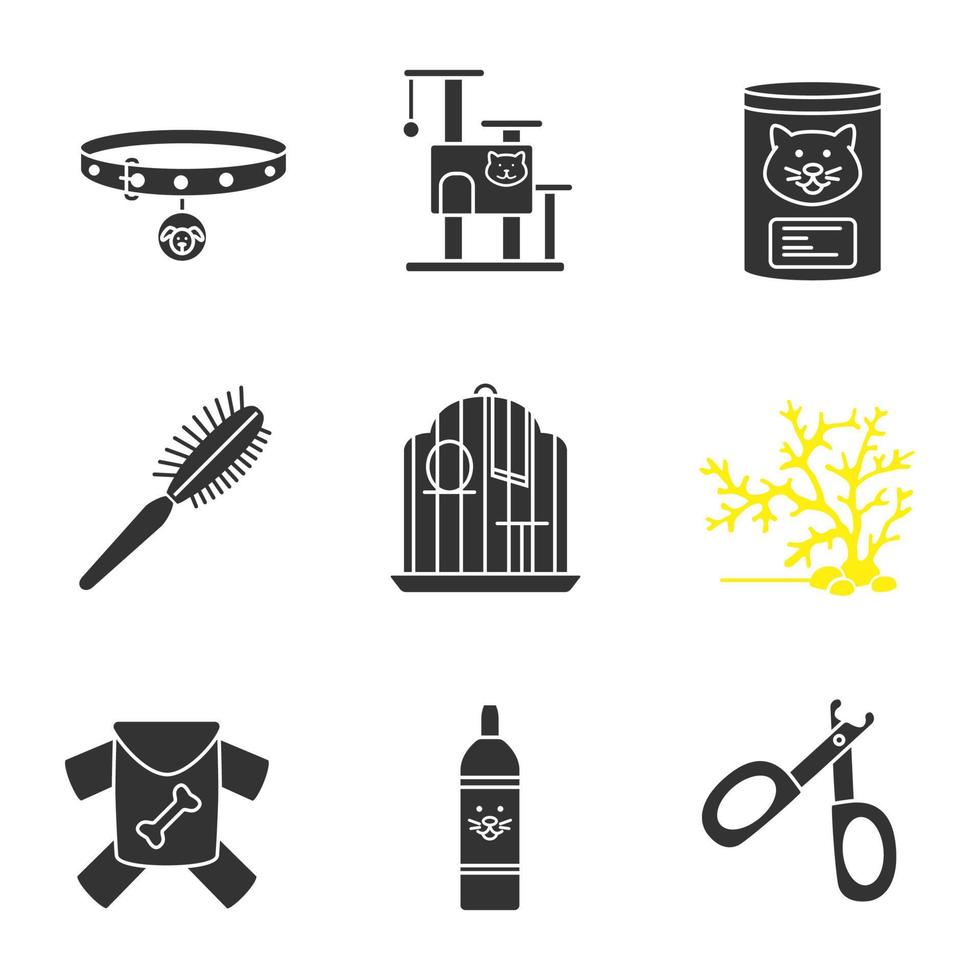 huisdieren levert glyph pictogrammen instellen. halsband, kattenhuis, ingeblikt voedsel, pelsborstel, vogelkooi, aquariumplant, kleding voor huisdieren, shampoo, nagelknipper. silhouet symbolen. vector geïsoleerde illustratie