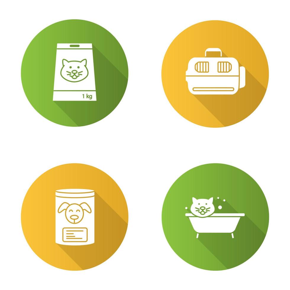 huisdieren suuplies platte ontwerp lange schaduw glyph pictogram. ingeblikt voedsel voor huisdieren, badkat, vervoerder voor huisdieren. vector silhouet illustratie