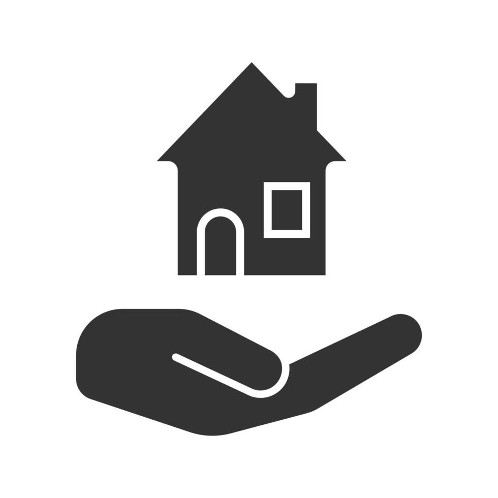 open hand met glyph huispictogram. huis huren, kopen. silhouet symbool. onroerend goed verzekering. negatieve ruimte. vector geïsoleerde illustratie