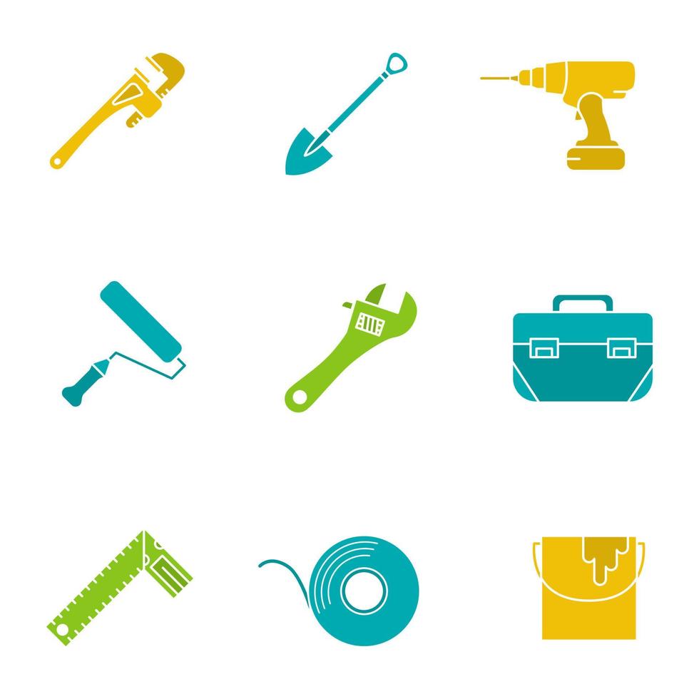 bouw tools glyph kleur icon set. steeksleutel, accuboormachine, verfroller en emmer, gereedschapskist, set vierkant. silhouet symbolen op een witte achtergrond. negatieve ruimte. vectorillustraties vector