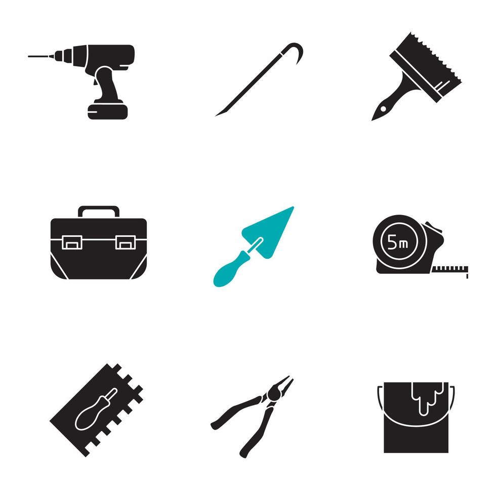 bouw tools glyph pictogrammen instellen. silhouet symbolen. accuboormachine, koevoet, kwast en emmer, gereedschapskist, driehoekige schop, meetlint, tang. vector geïsoleerde illustratie