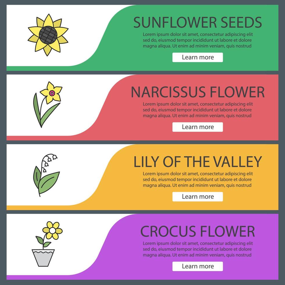 bloemen webbanner sjablonen set. zonnebloemkop, narcis, lelietje-van-dalen, krokus. website kleur menu-items. ontwerpconcepten voor vectorkoppen vector
