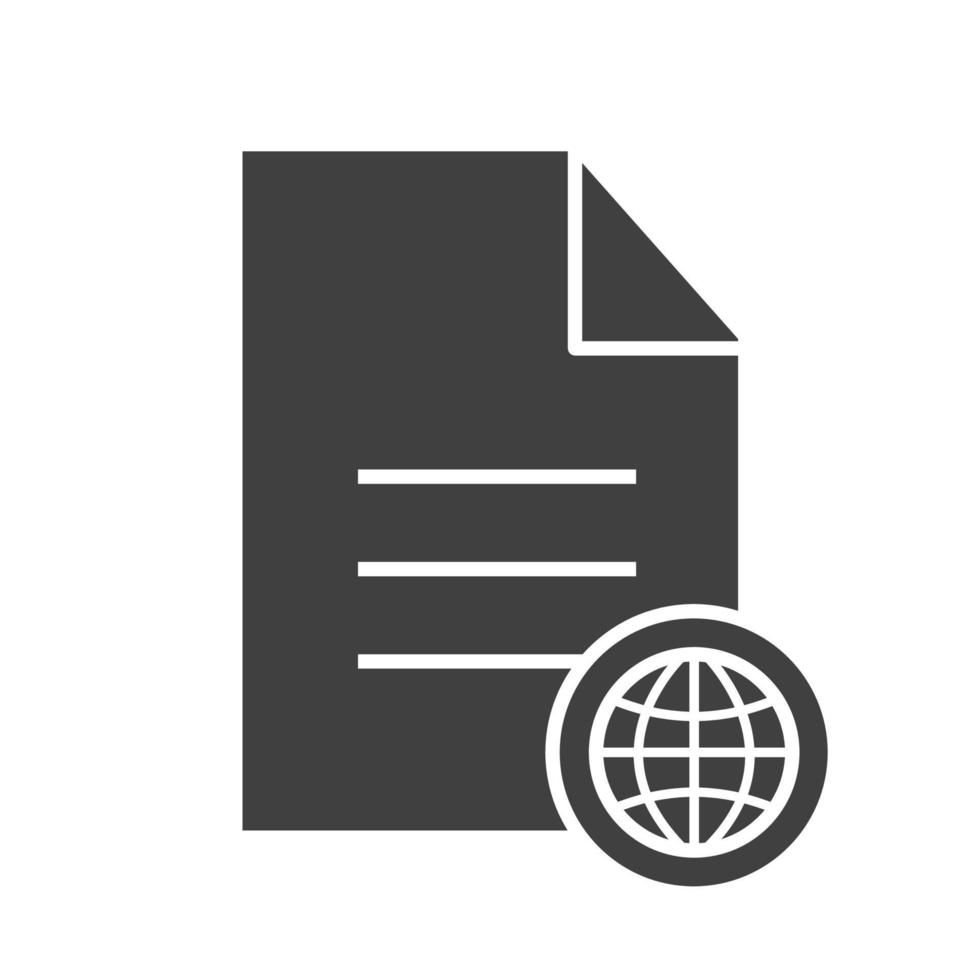 web document glyph-pictogram. silhouet symbool. document met wereldbolmodel. negatieve ruimte. vector geïsoleerde illustratie