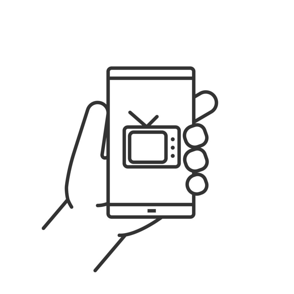 hand met smartphone lineaire pictogram. dunne lijn illustratie. smartphone televisie app. contour symbool. vector geïsoleerde overzichtstekening