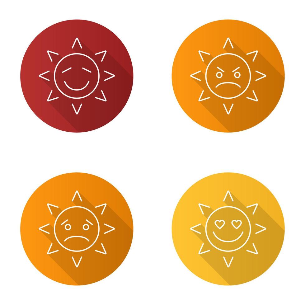 zon glimlacht vlakke lineaire lange schaduw iconen set. goed en slecht humeur. blij, verdrietig, boos, verliefd zon glimlacht. vector overzicht illustratie