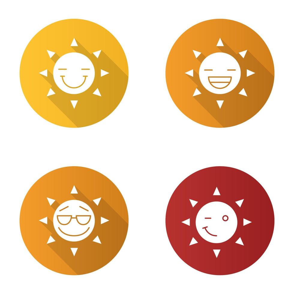 zon glimlacht platte ontwerp lange schaduw glyph pictogrammen instellen. emoticons. lachende, vrolijke, koele en knipogende zonglimlachen. vector silhouet illustratie